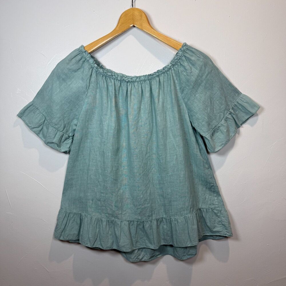 Terzo Millenio Green Linen Top Size Medium Ruffles